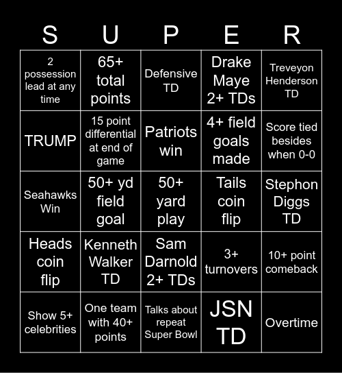 Super Bowl bingo Card