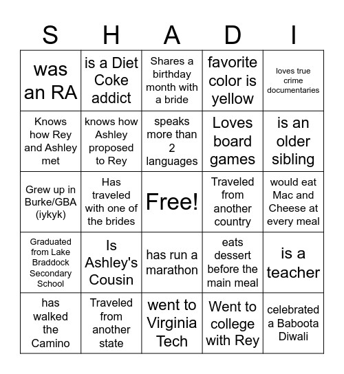 Rey and Ashley's Bingo Card