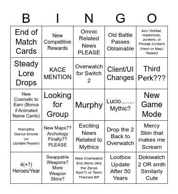 Overwatch Spotlight Bingo Card