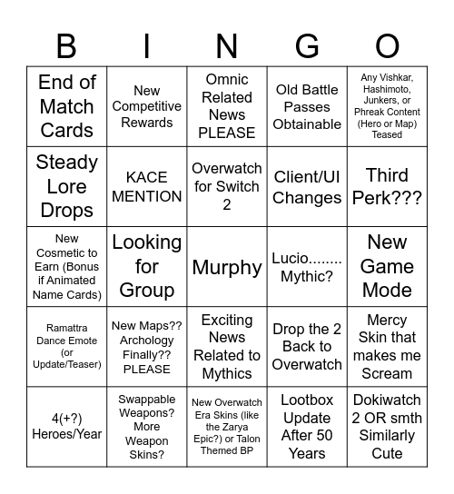 Overwatch Spotlight Bingo Card