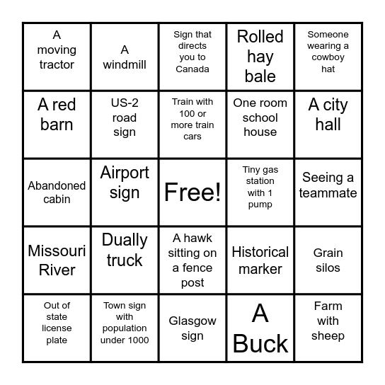 U14 Girls Missoula Bruins 2026 Glasgow State Bingo Card