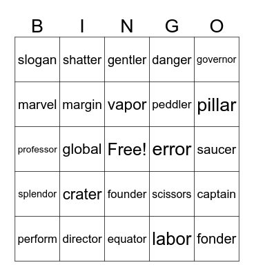 Spelling Week 21 Bingo Card