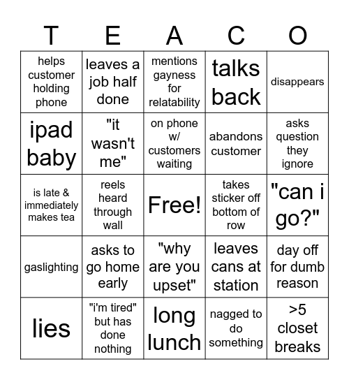Tea Co. Bingo Card