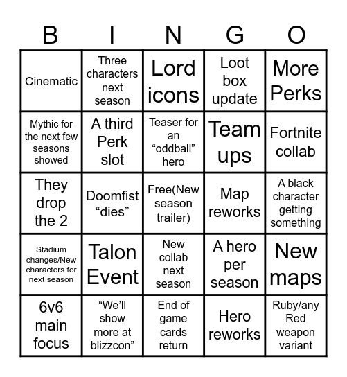 Overwatch Spotlight Bingo Card