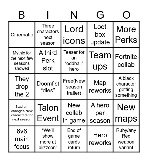 Overwatch Spotlight Bingo Card