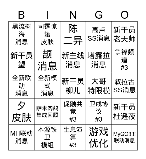 新年直播前瞻宾果 Bingo Card