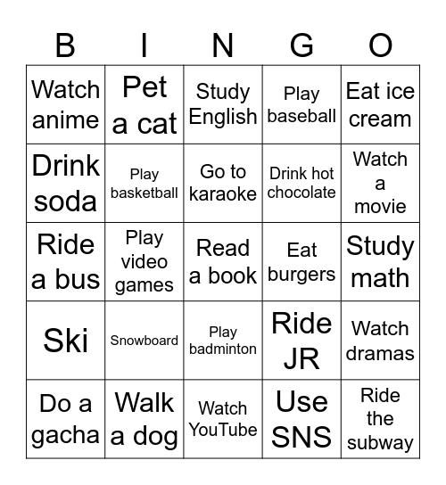 "Did you ___________?" Bingo Card