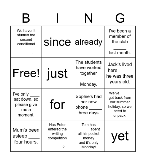 Unit 14/15 Present Perfect Bingo Card