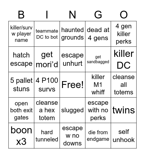 DBD Survivor Bingo Card