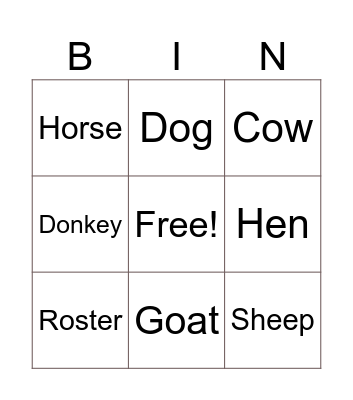 Animal Bingo Card