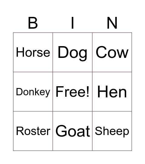 Animal Bingo Card