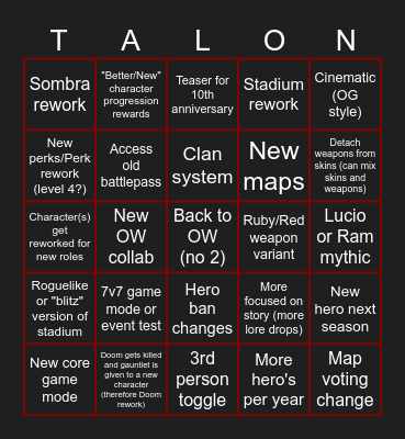 Overwatch Spotlight Bingo Card