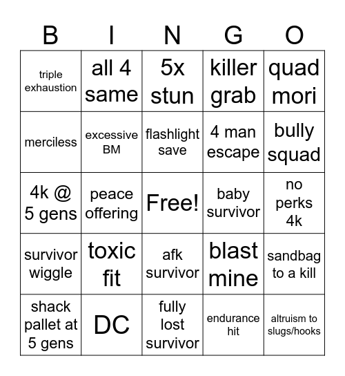 DBD Killer Bingo Card