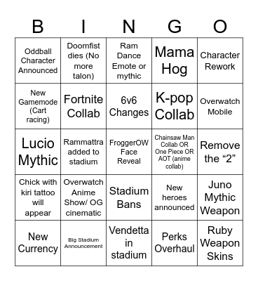 Overwatch Spotlight Bingo Card