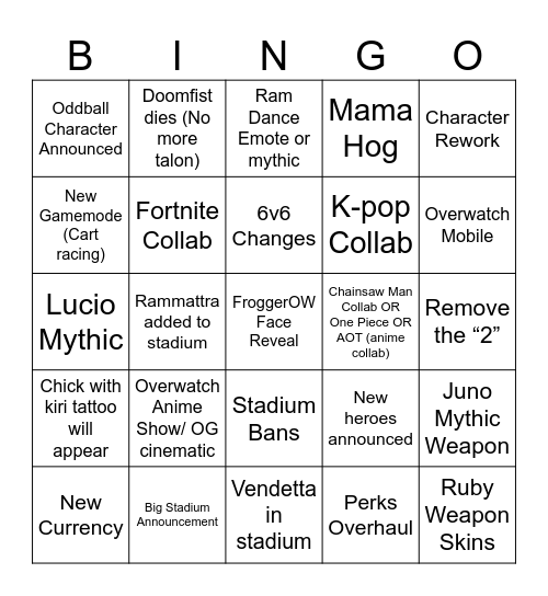 Overwatch Spotlight Bingo Card