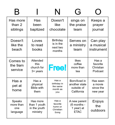 Youth Parent & Guardian Bingo Card