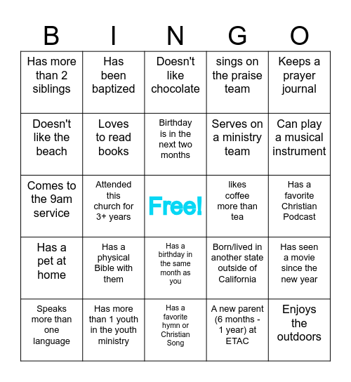Youth Parent & Guardian Bingo Card