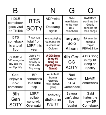 2026 K-Pop Bingo Card