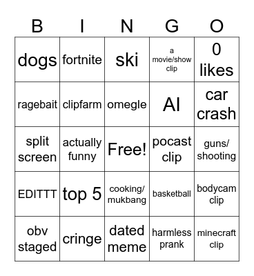 YT SHORTS Bingo Card