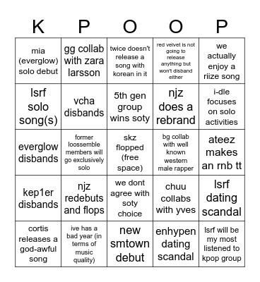 2026 kpop Bingo Card