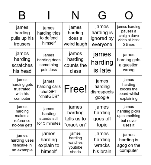 James Harding Bingo Card