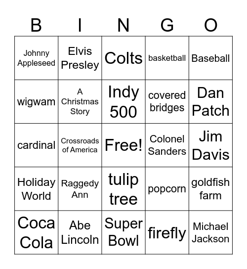 Indiana Bingo Card
