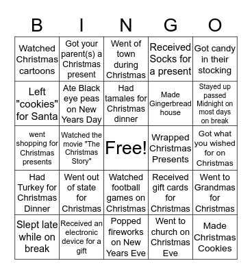 CHRISTMAS BREAK BINGO Card