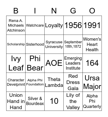 Alpha Phi Bingo Card