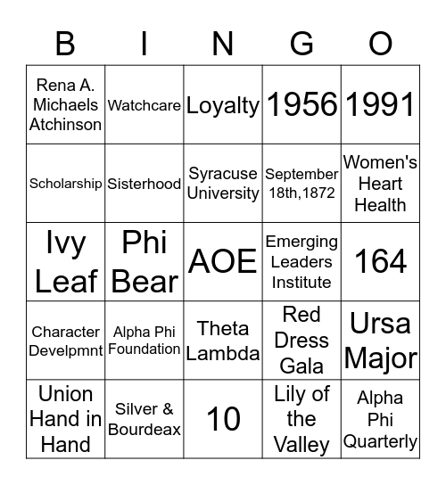 Alpha Phi Bingo Card