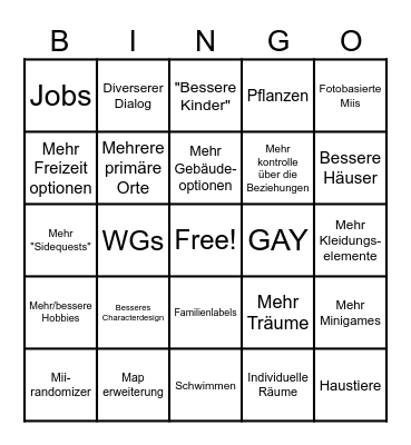 Tomodachi Life wo Träume wahr werden Bingo Card