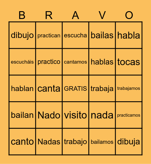 Los Verbos -AR Bingo Card