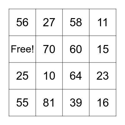Number Bingo Card