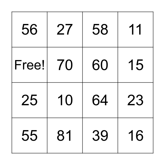 Number Bingo Card