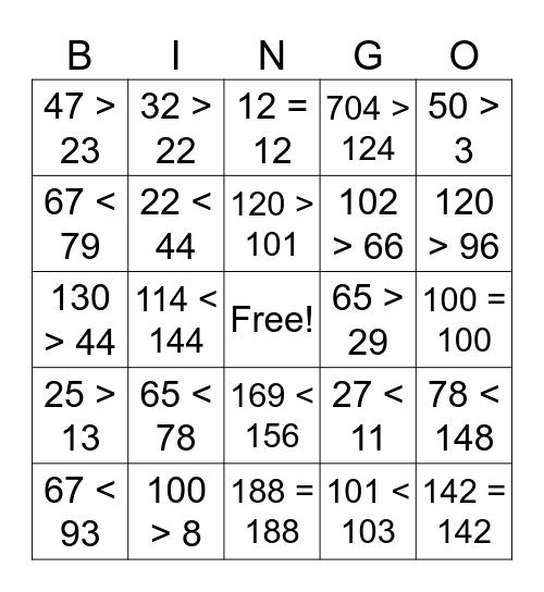Greater Than Less Than Bingo Card