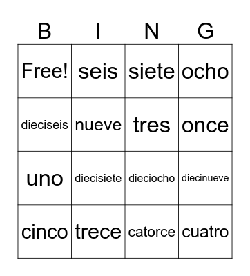 Spanish Number Words Bingo Card