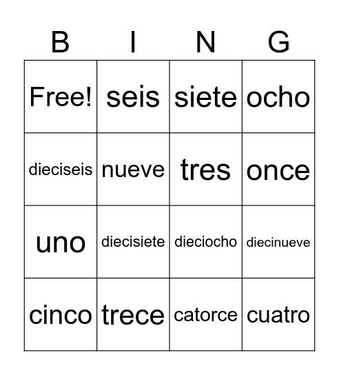 Spanish Number Words Bingo Card