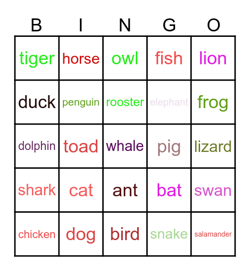 Animal Bingo Card