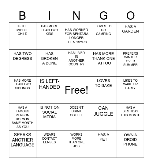 KNOW YOUR CO-WORKER BINGO Card