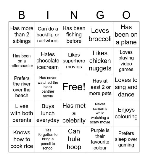 Getting to know you Bingo Card