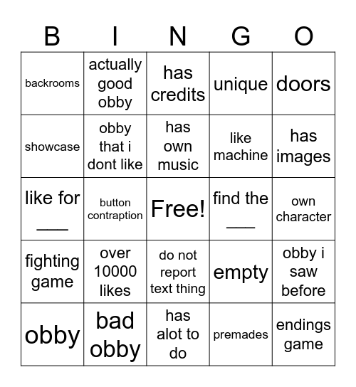 Obby Creator Bingo Card