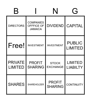 Private limited and Public limited Bingo Card