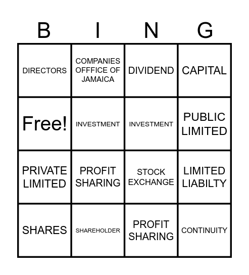Private limited and Public limited Bingo Card