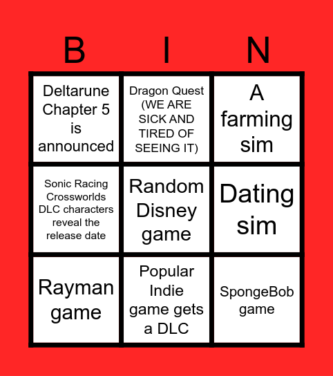 Nintendo Partnership Direct Bingo Card