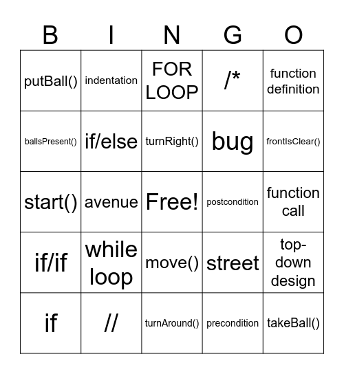 Javascript - Intro to Programming with Karel Bingo Card