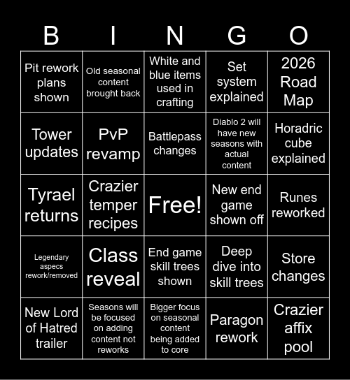 Diablo Showcase Bingo Card