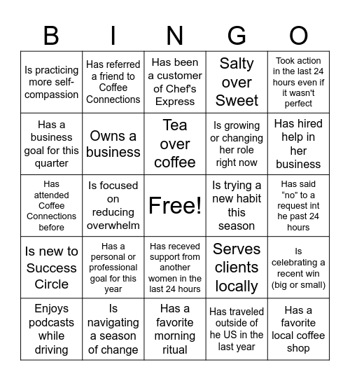 Success Circle Coffee Connections Bingo Card