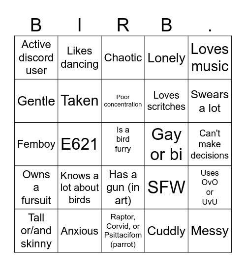 Furry birb bingo Card