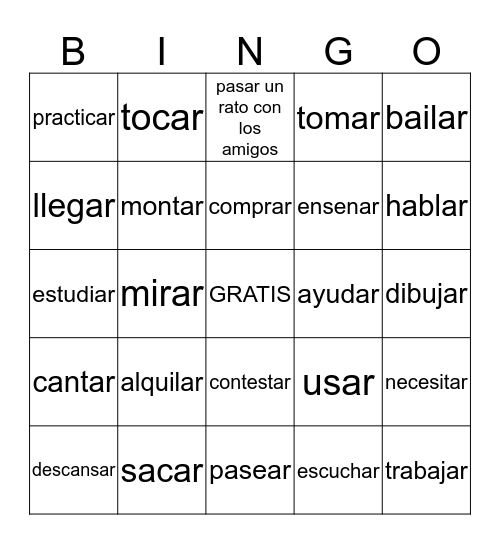 -AR Verbs Bingo Card
