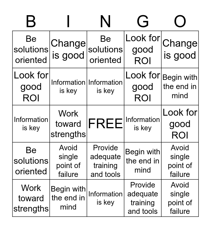 PD Values Bingo Card