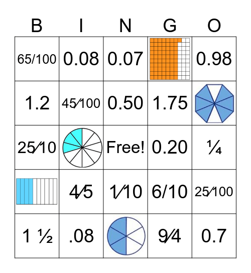 Fraction and Decimal Bingo Card